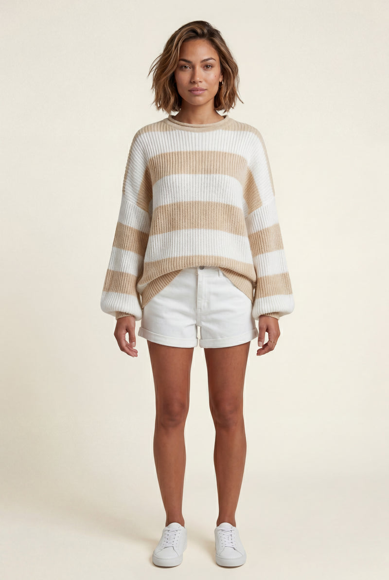 Beige Oversized Chunky Striped Crewneck Sweater - Knit sweaters - Photo 2