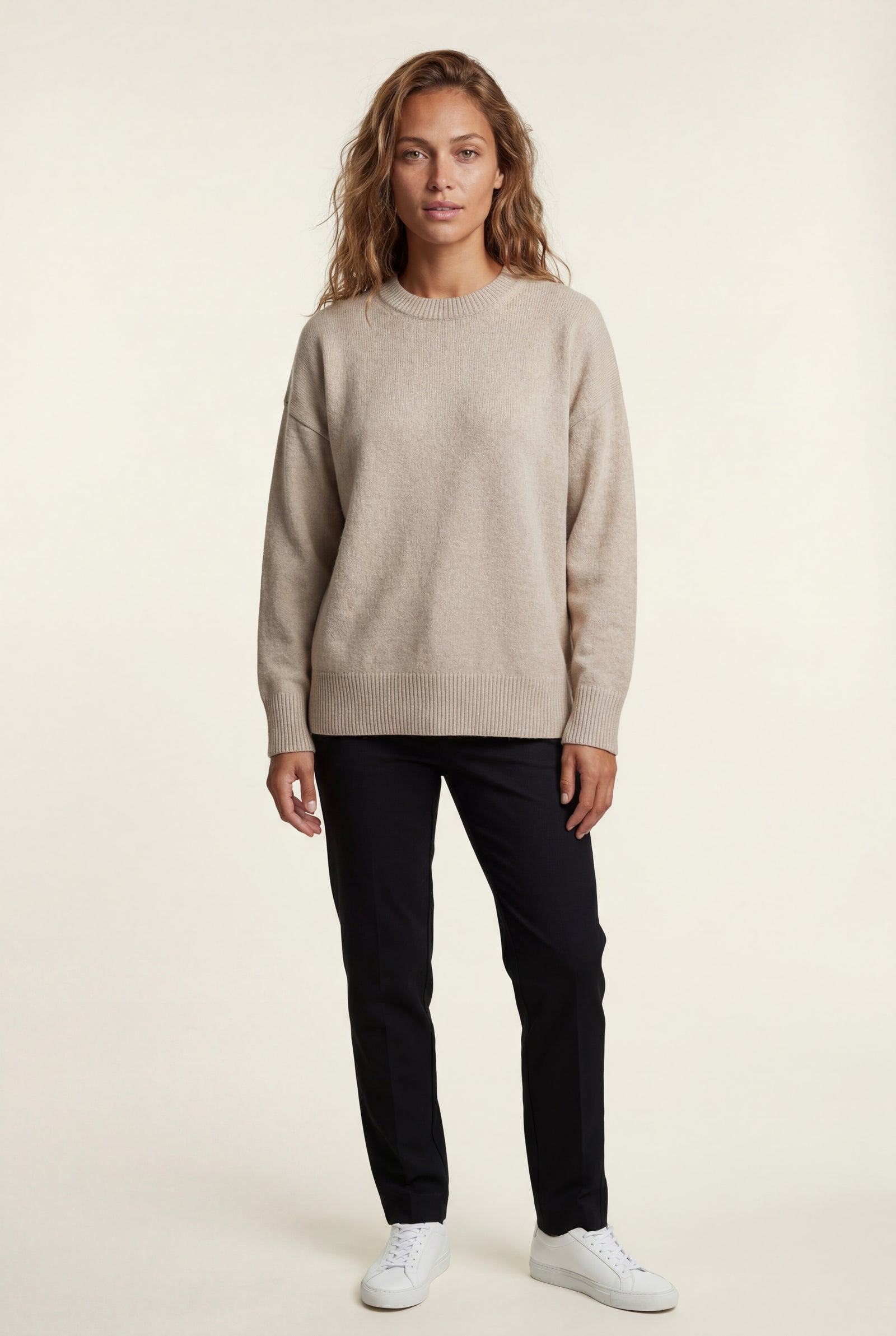 Beige Oversized Crewneck Sweater with Dropped Shoulders - Oversized sweater - Photo 11