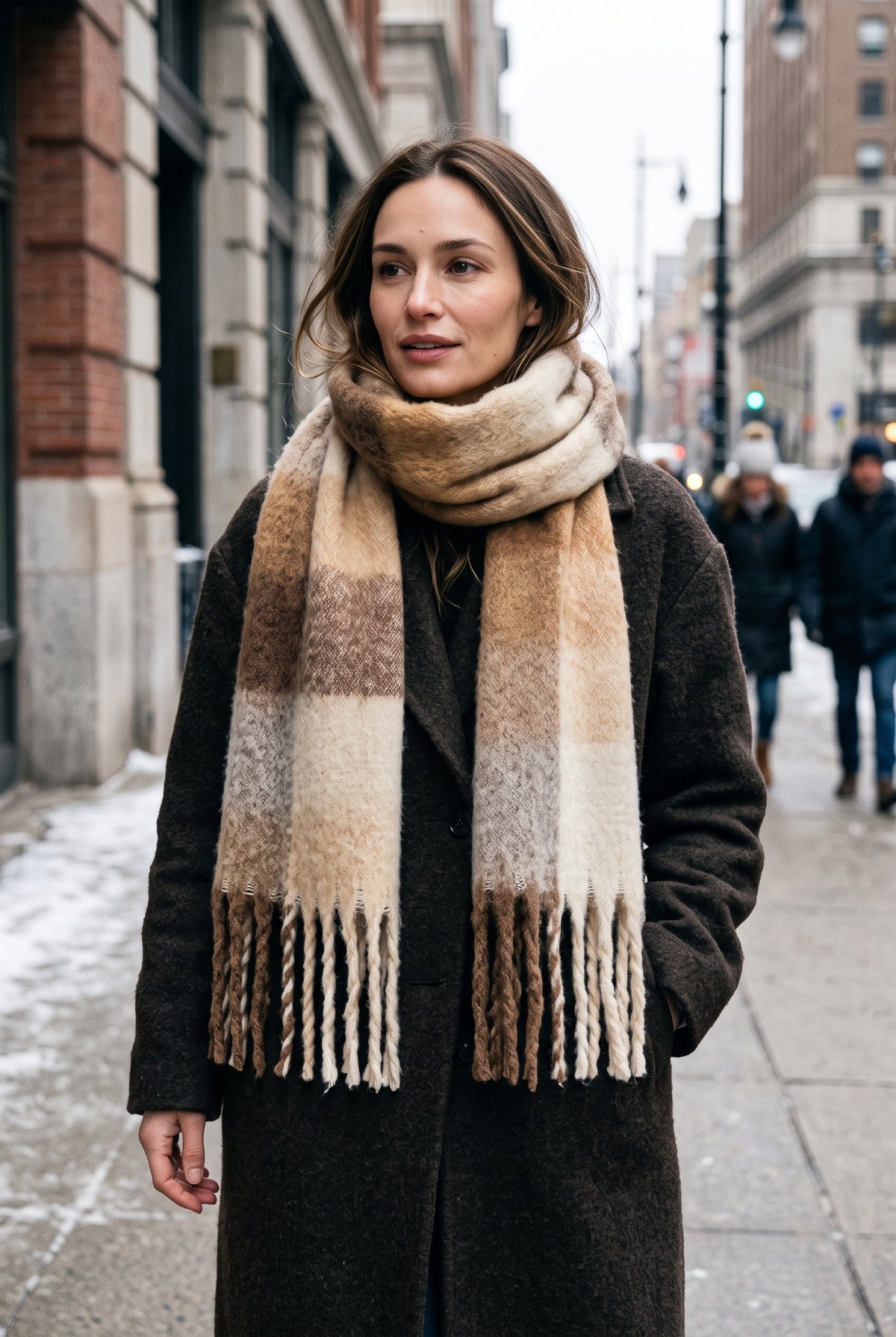 Oversized Fringed Scarf in Beige — lifestyle