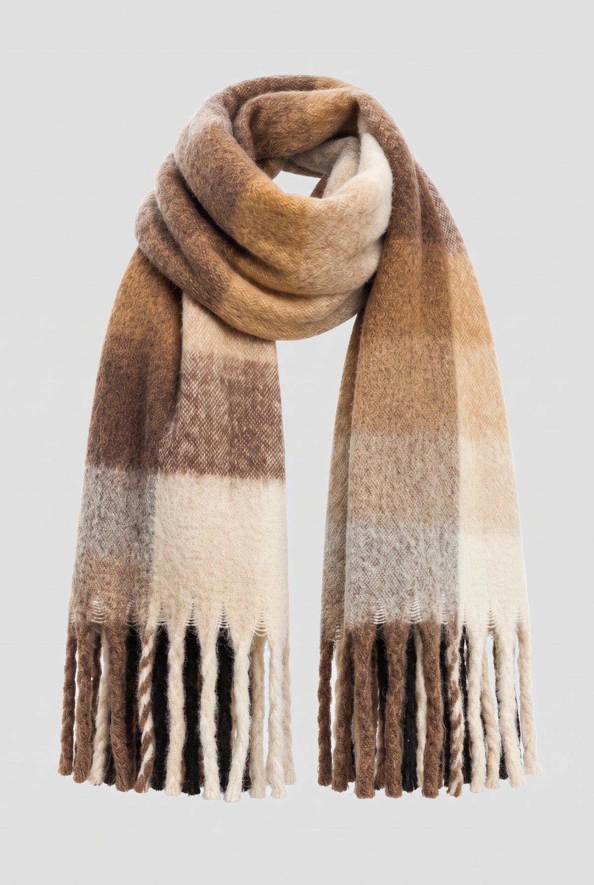 Oversized Fringed Scarf in Beige — studio front