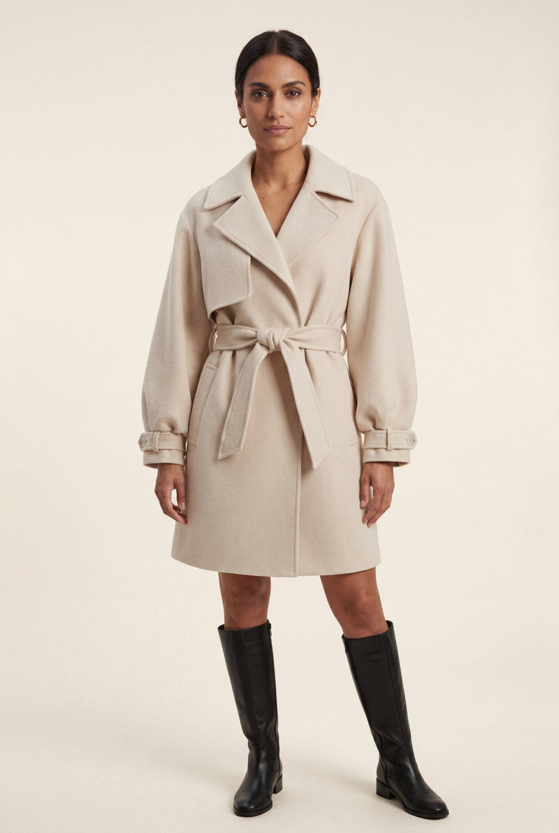 Beige Oversized Lapel Belted Mini Trench Coat - Photo 3