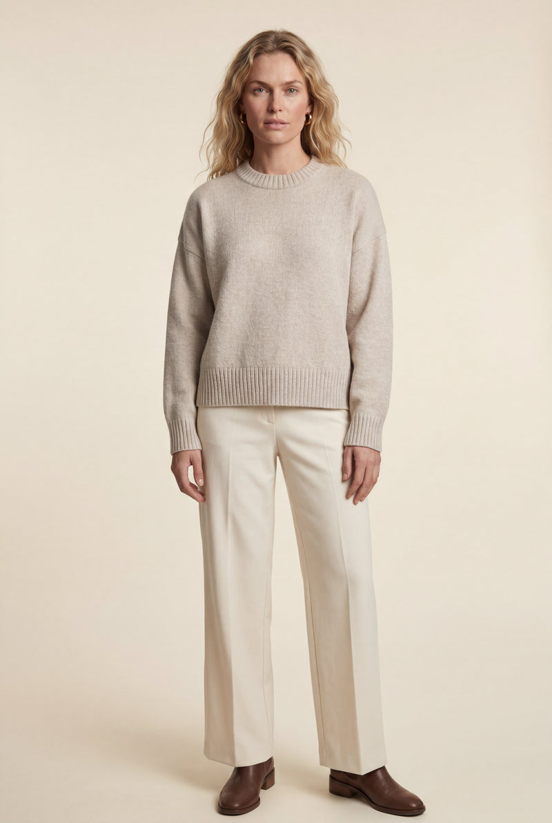 Beige Oversized Ribbed Crewneck Sweater - Oversized sweater - Photo 1