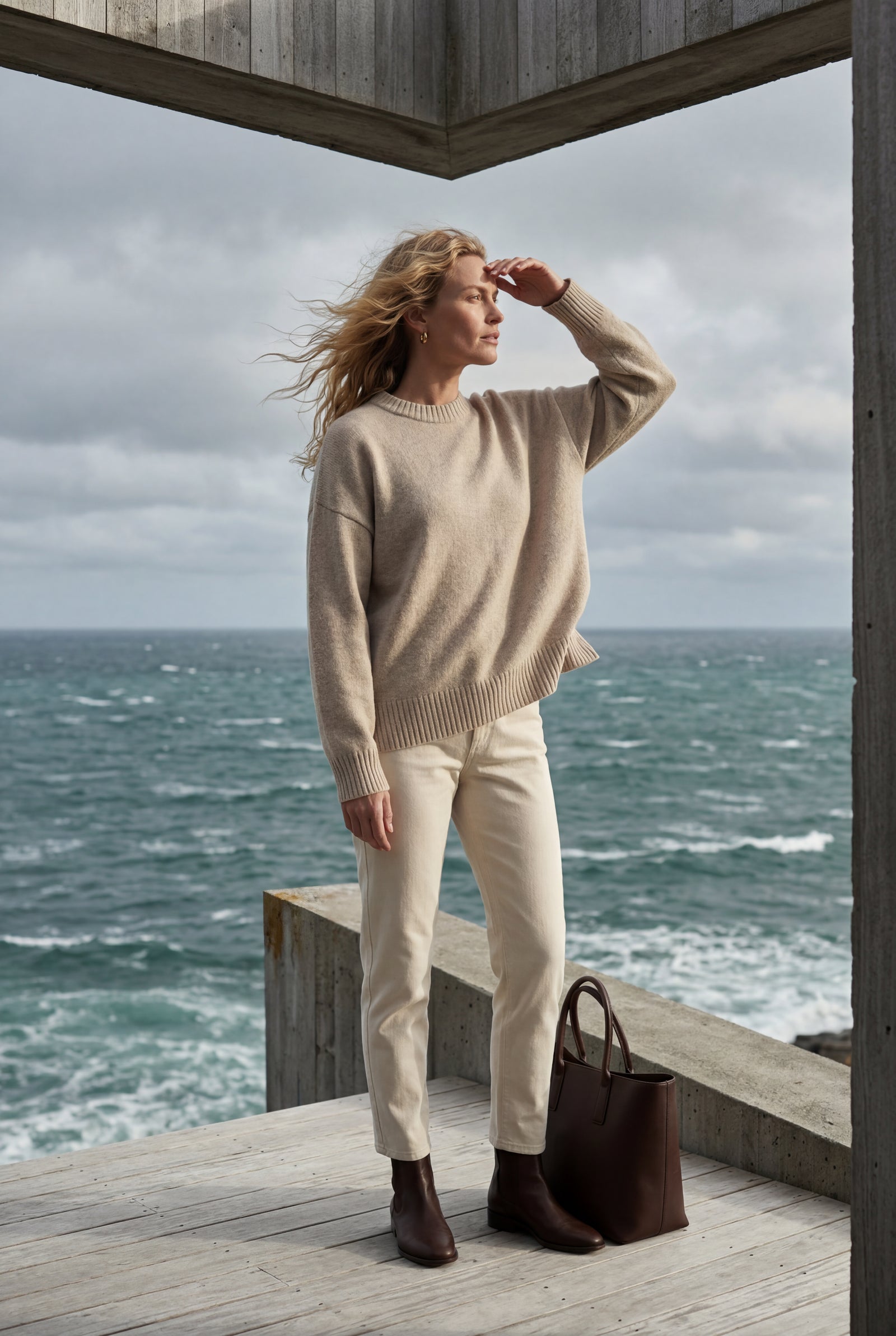 Beige Oversized Ribbed Crewneck Sweater - Oversized sweater - Photo 9