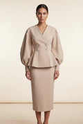 Beige Peplum Blazer and Long Pencil Skirt Set with Balloon Sleeves - Skirt suits - Photo 2