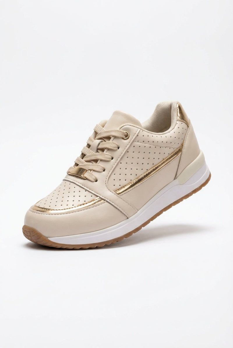 Beige Perforated Metallic Trim Low-top Walking Sneakers - Photo 1