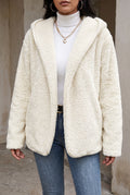 Plush Hooded Teddy Coat in Beige — studio front