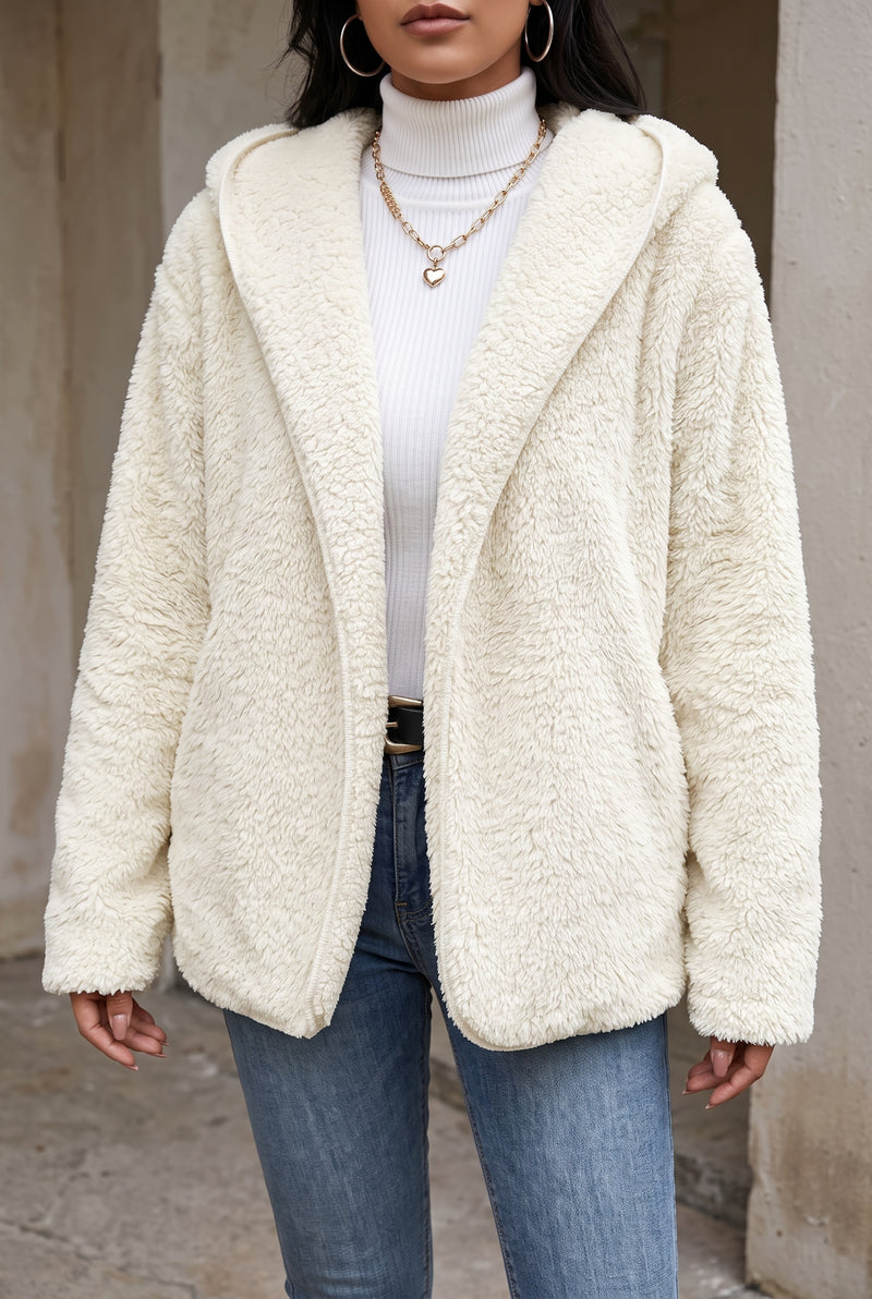 Plush Hooded Teddy Coat in Beige — studio front