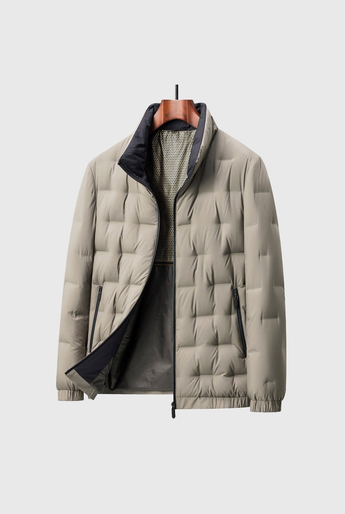 Quilted Down Puffer Jacket in Beige — front view