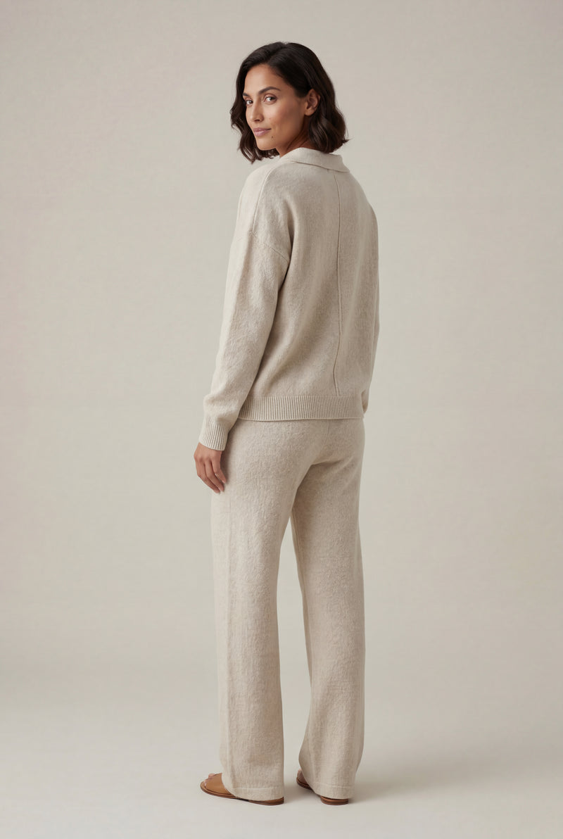 Beige Relaxed Collared Pullover Wide-leg Lounge Set - Leisure set - Photo 2