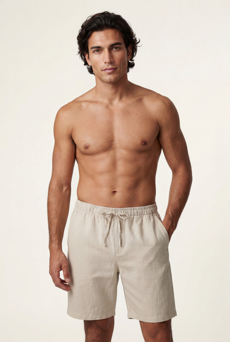 Beige Relaxed Drawstring Above-knee Casual Shorts - Photo 3