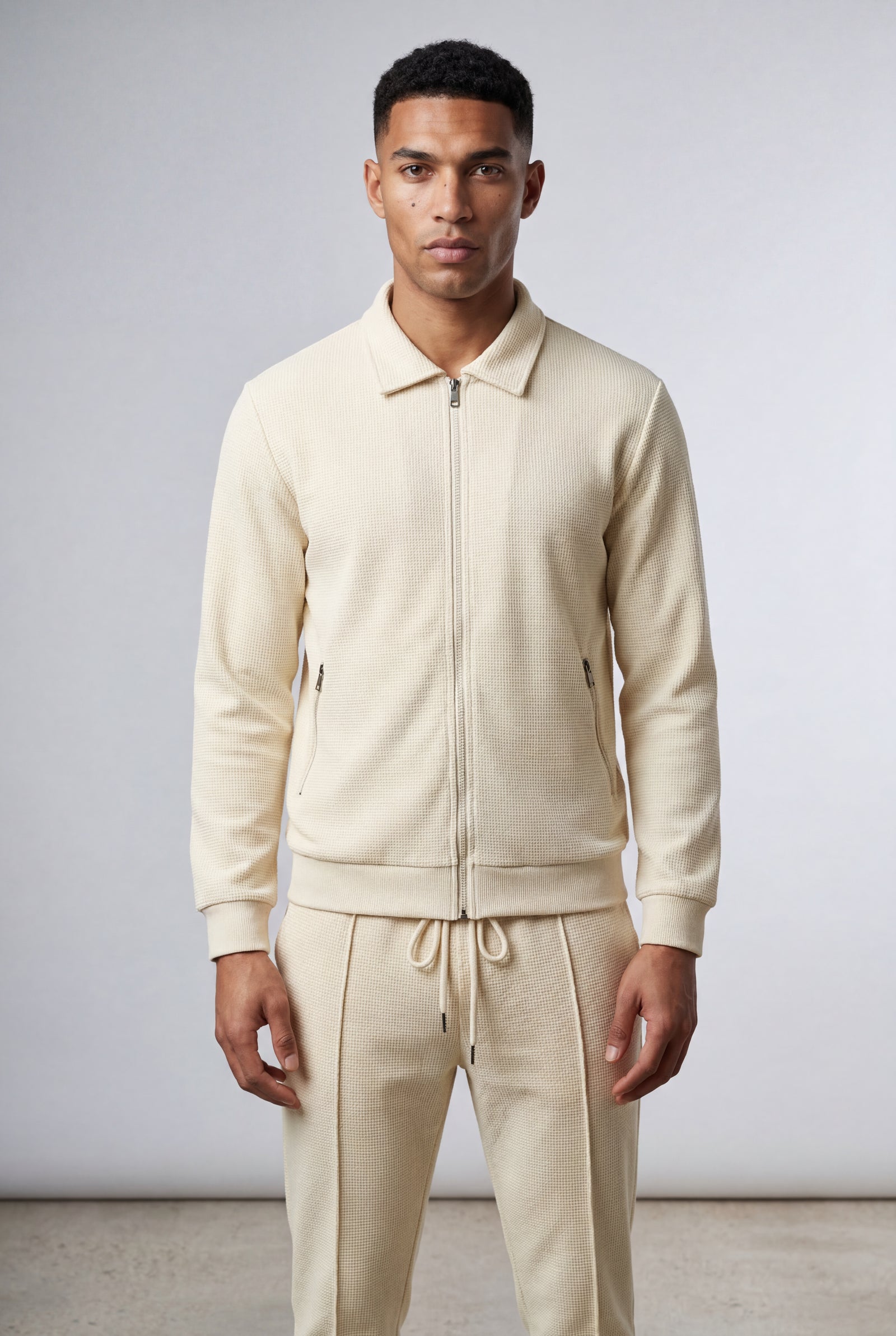 Beige Ribbed Bomber Jacket and Jogger Athleisure Set - Casual sets - Photo 2