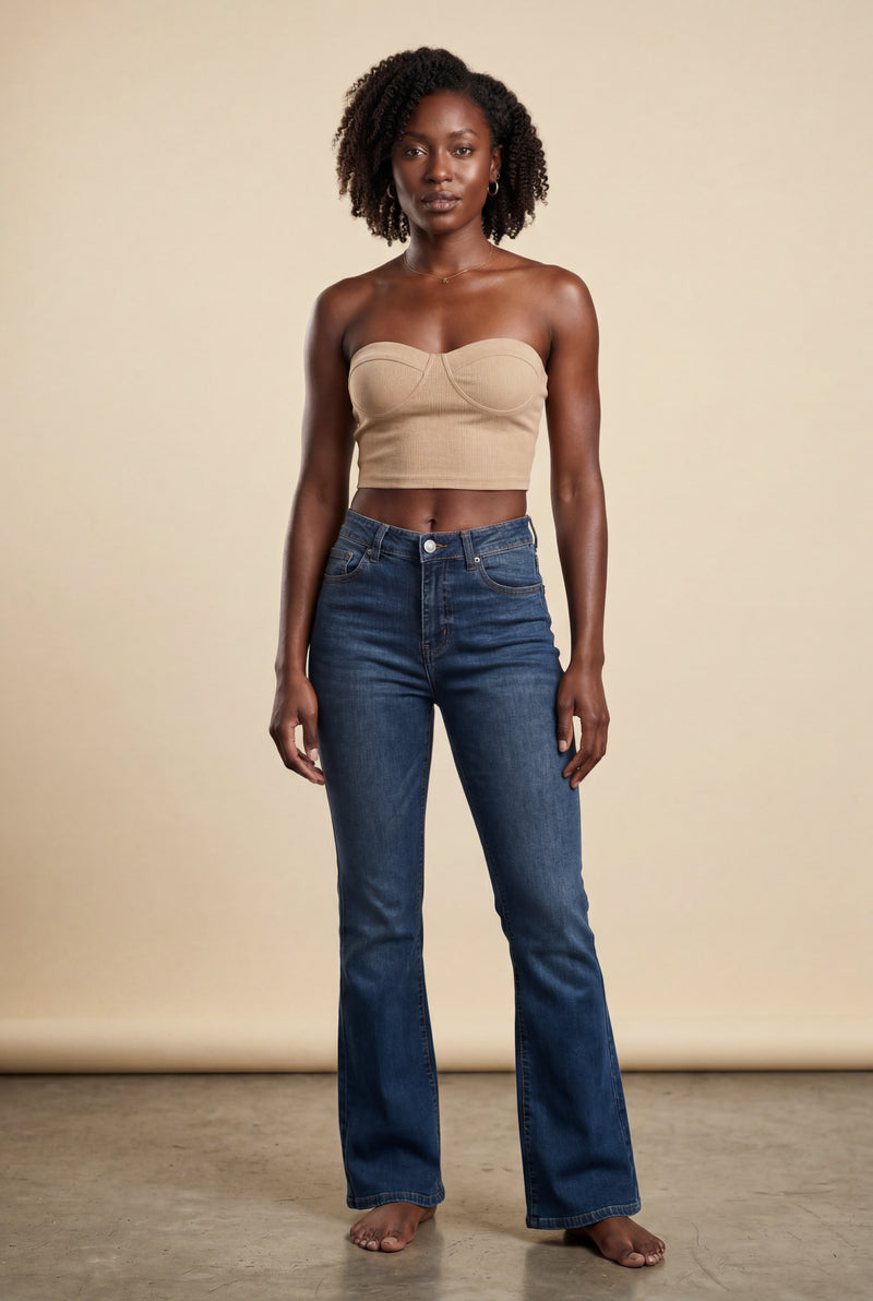 Beige Ribbed Bustier Strapless Crop Top with Cup Seaming - Strapless crop tops - Photo 3