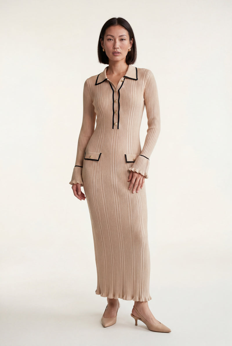Beige Ribbed Collared Maxi Dress with Contrast Trim - Photo 1
