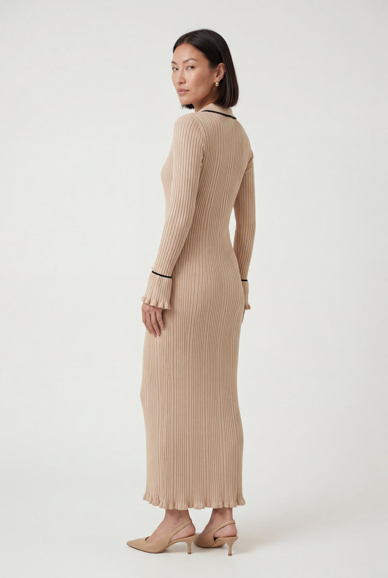 Beige Ribbed Collared Maxi Dress with Contrast Trim - Photo 2