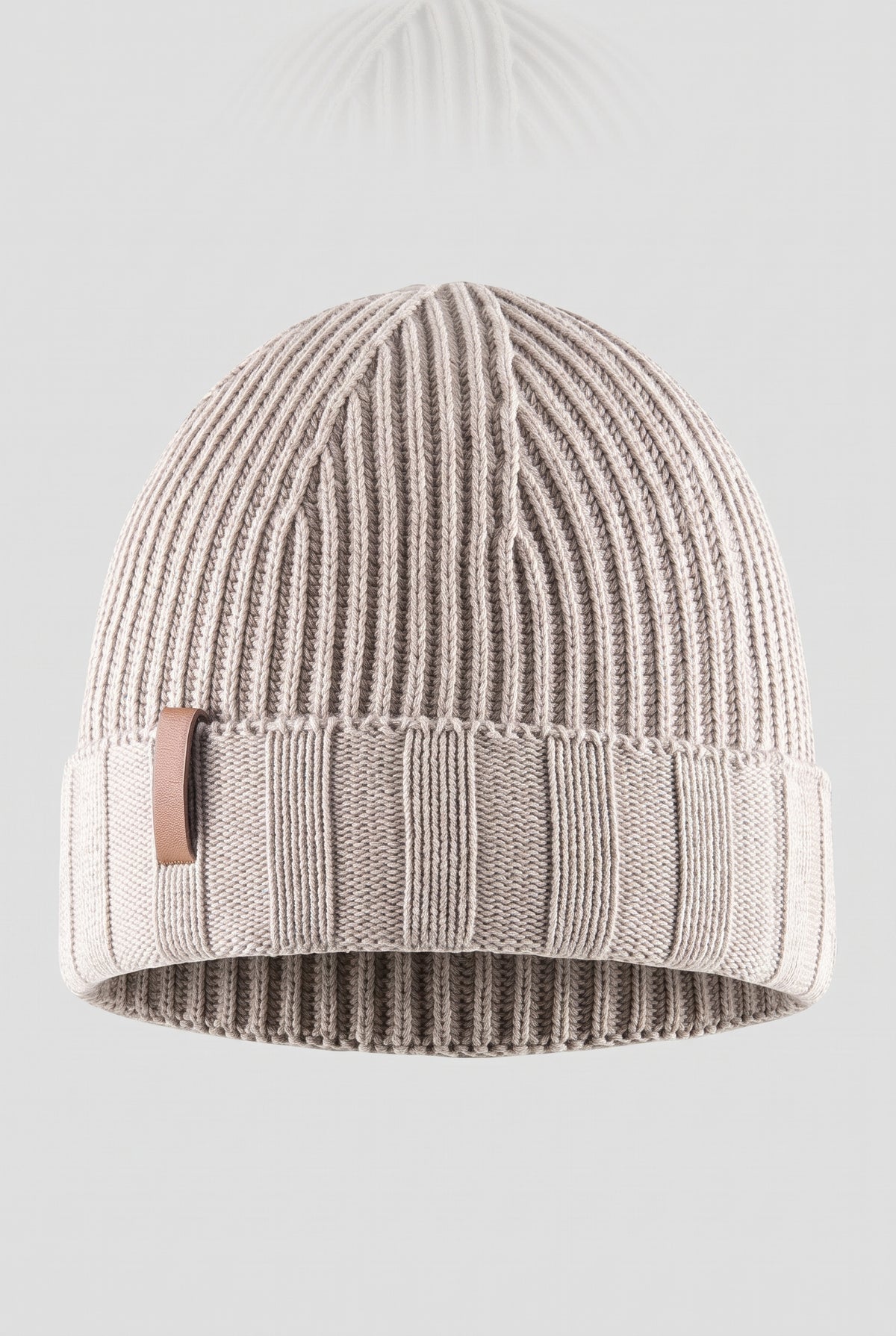 Ribbed Knit Beanie in Beige — studio front