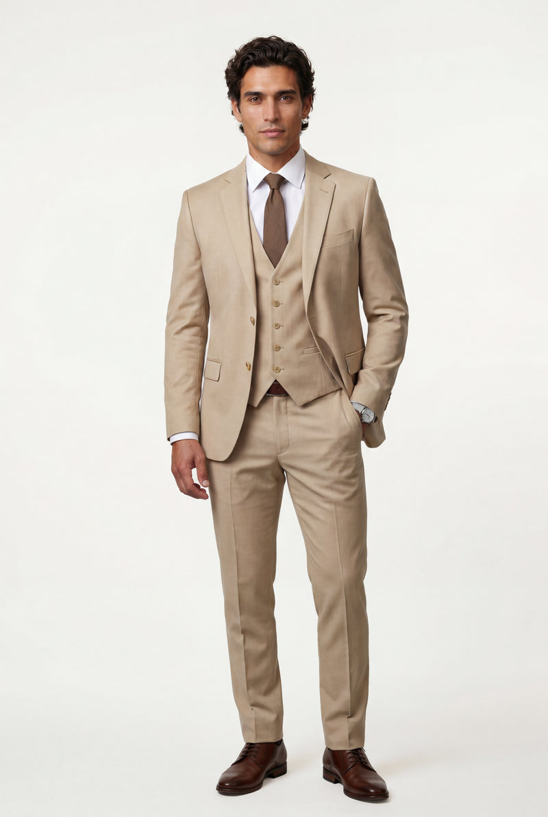 Beige Slim-fit Three-piece Wedding Suit with Notch Lapel Blazer - Photo 1