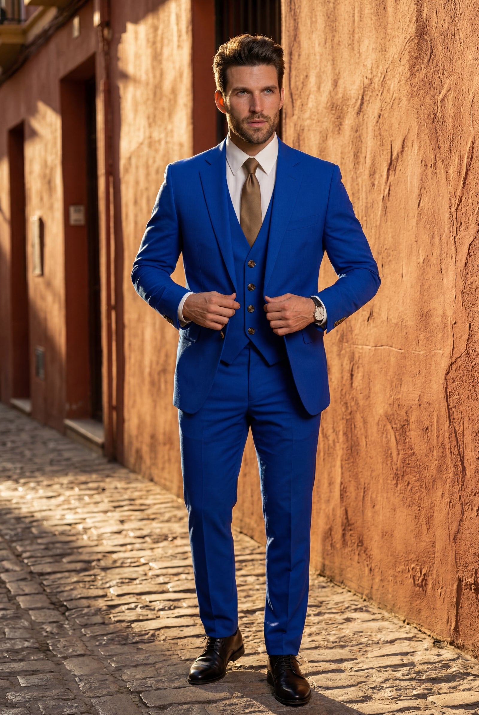 Navy Blue Slim-fit Three-piece Wedding Suit with Notch Lapel Blazer - Photo 9