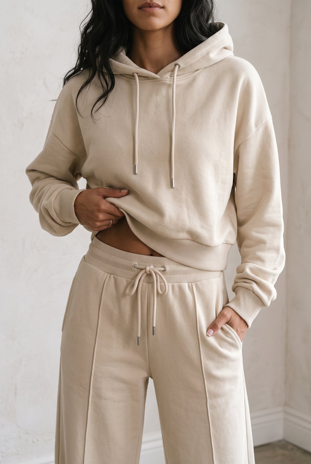 Smooth Knit Hoodie Jogger Set in Beige — studio front