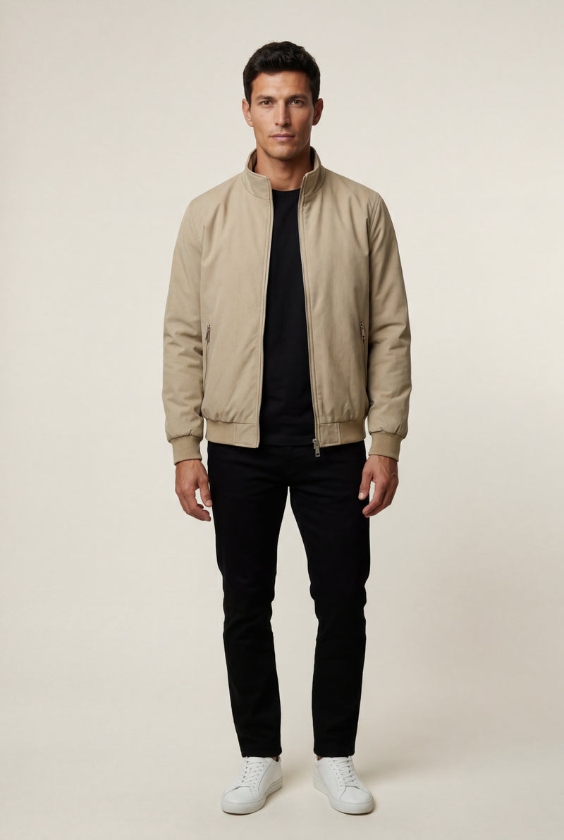 Beige Stand Collar Zip-front Classic Bomber Jacket - Photo 2