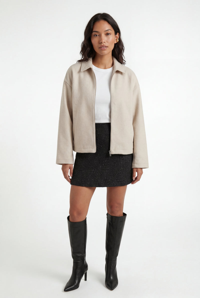 Beige Structured Zip-up Boxy Collared Jacket - Zip up jacket - Photo 1