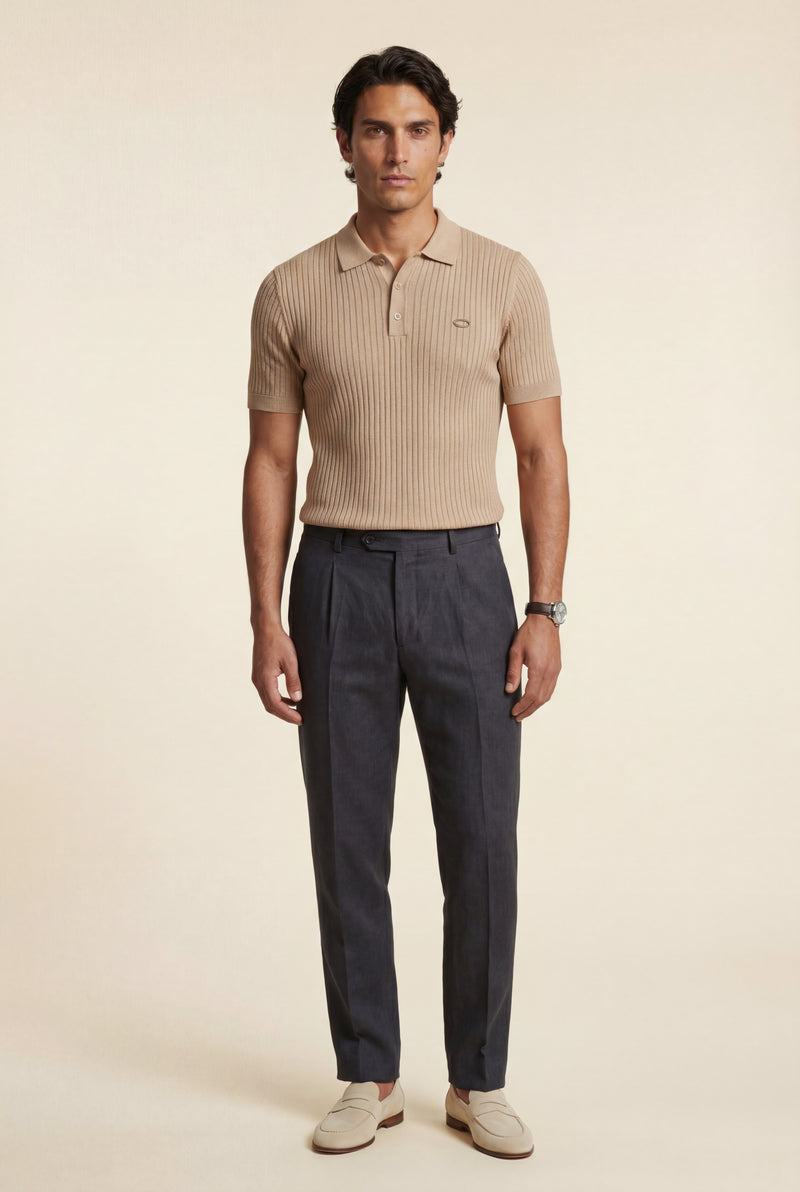 Beige Tailored Ribbed Short Sleeve Polo Shirt - Polo shirts - Photo 1