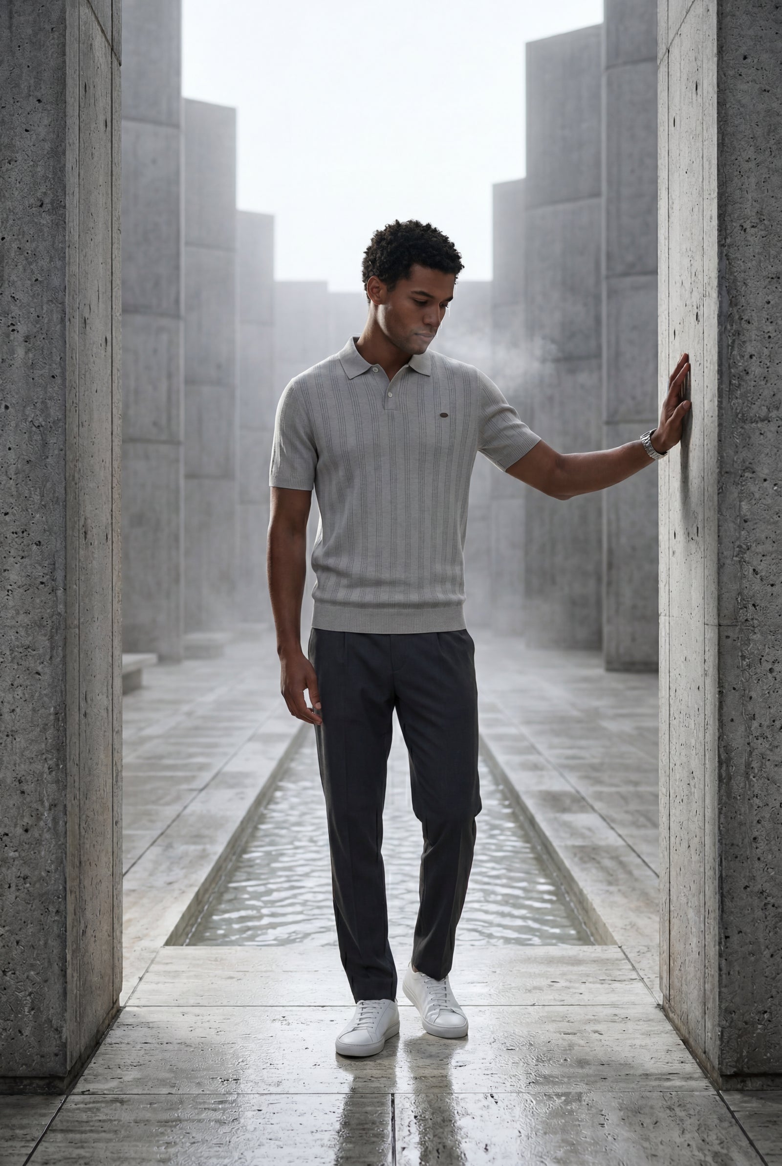 Gray Tailored Ribbed Short Sleeve Polo Shirt - Polo shirts - Photo 12