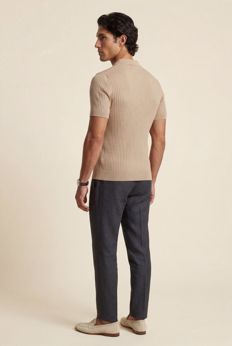 Beige Tailored Ribbed Short Sleeve Polo Shirt - Polo shirts - Photo 3