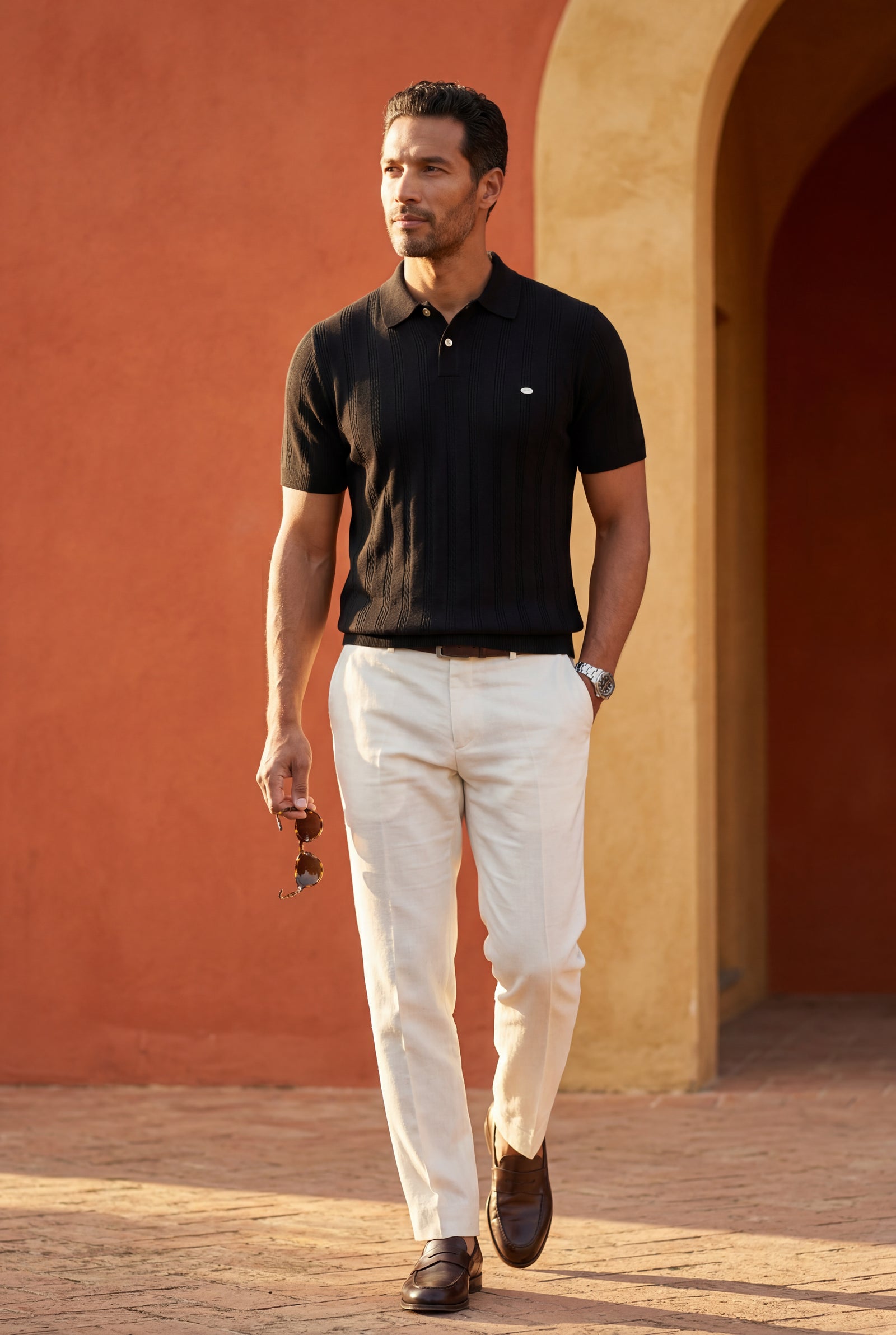 Black Tailored Ribbed Short Sleeve Polo Shirt - Polo shirts - Photo 8