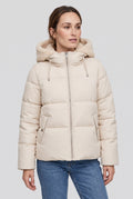 Teddy-Lined Hooded Puffer Jacket in Beige — studio front