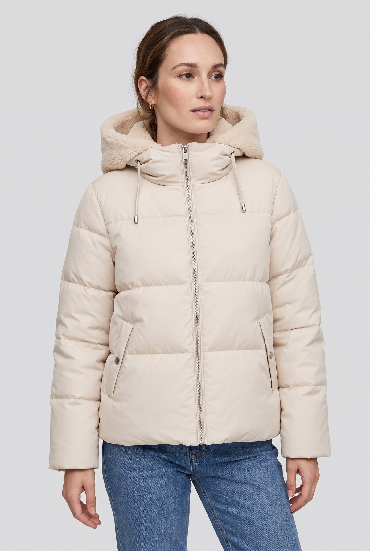 Teddy-Lined Hooded Puffer Jacket in Beige — studio front