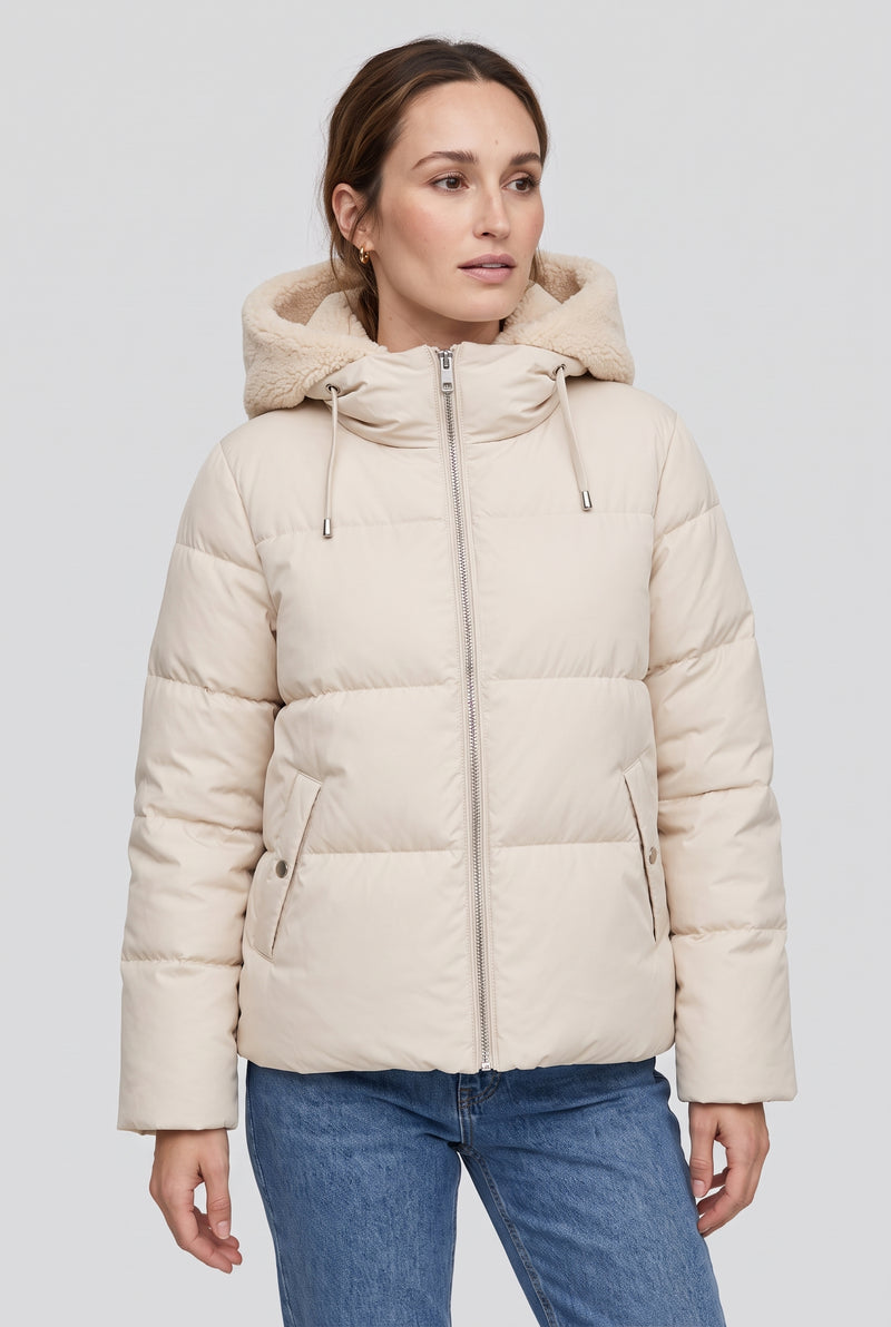 Teddy-Lined Hooded Puffer Jacket in Beige — studio front