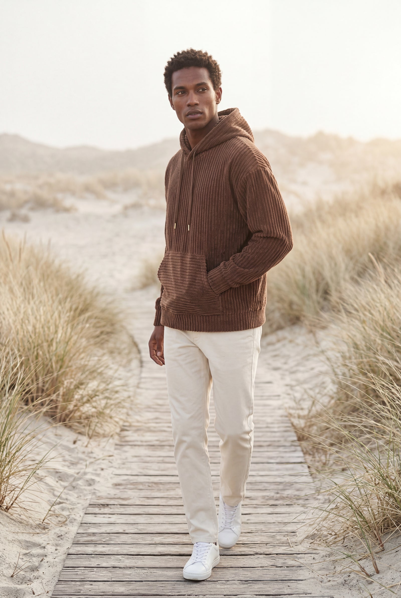 Brown Texture Hooded Pullover Jacket with Kangaroo Pocket - Hooded jackets - Photo 11