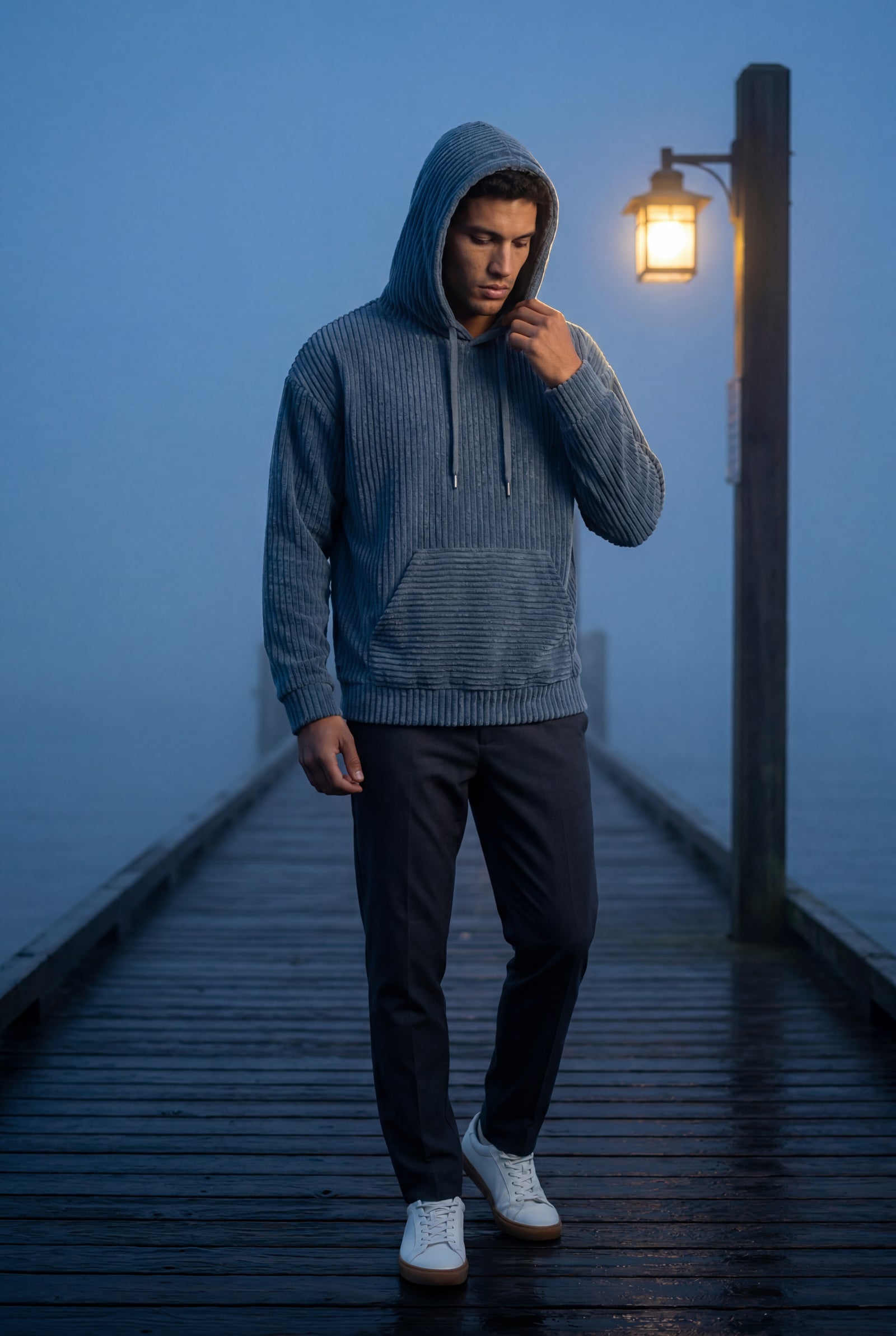 Blue Texture Hooded Pullover Jacket with Kangaroo Pocket - Hooded jackets - Photo 12