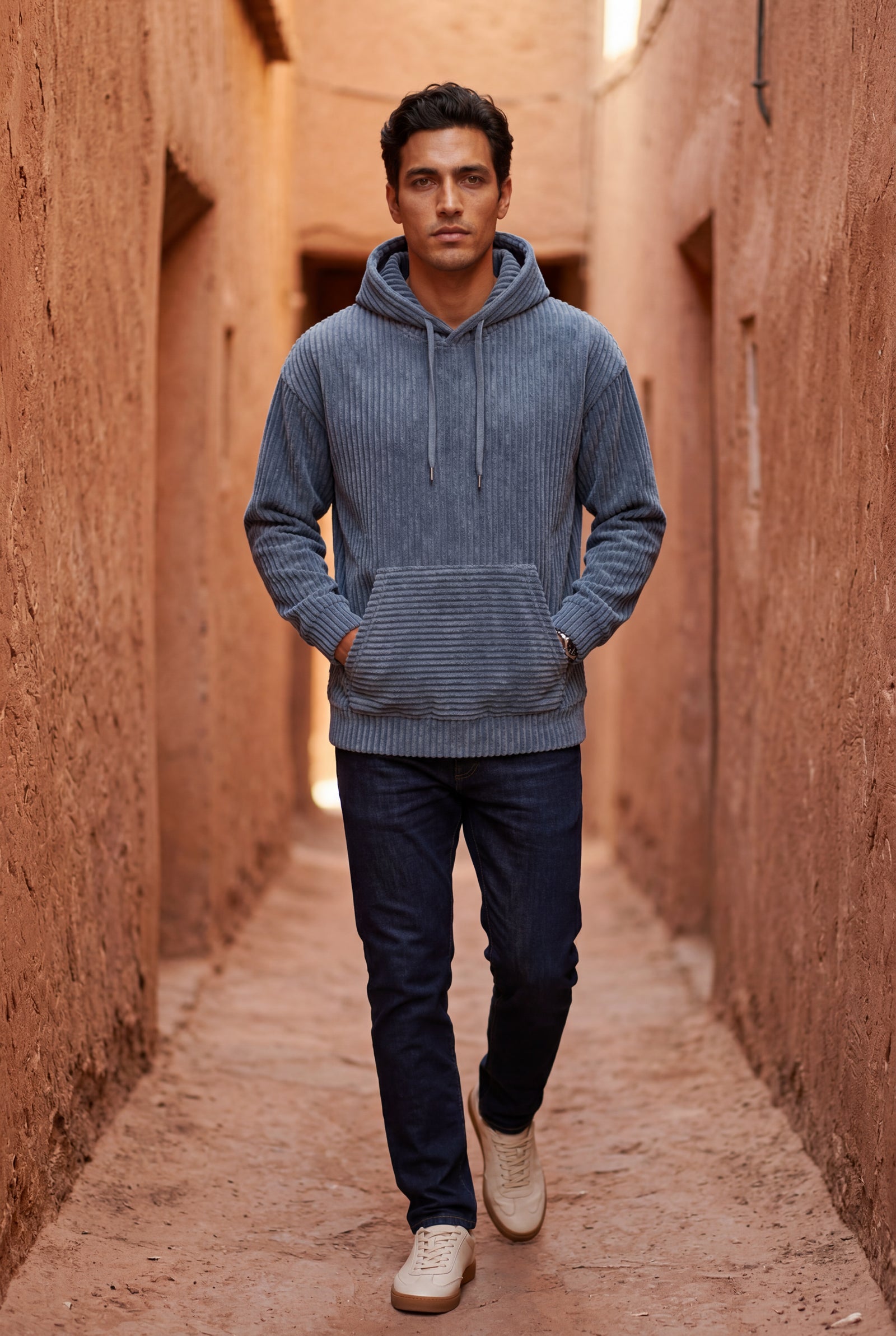 Blue Texture Hooded Pullover Jacket with Kangaroo Pocket - Hooded jackets - Photo 4