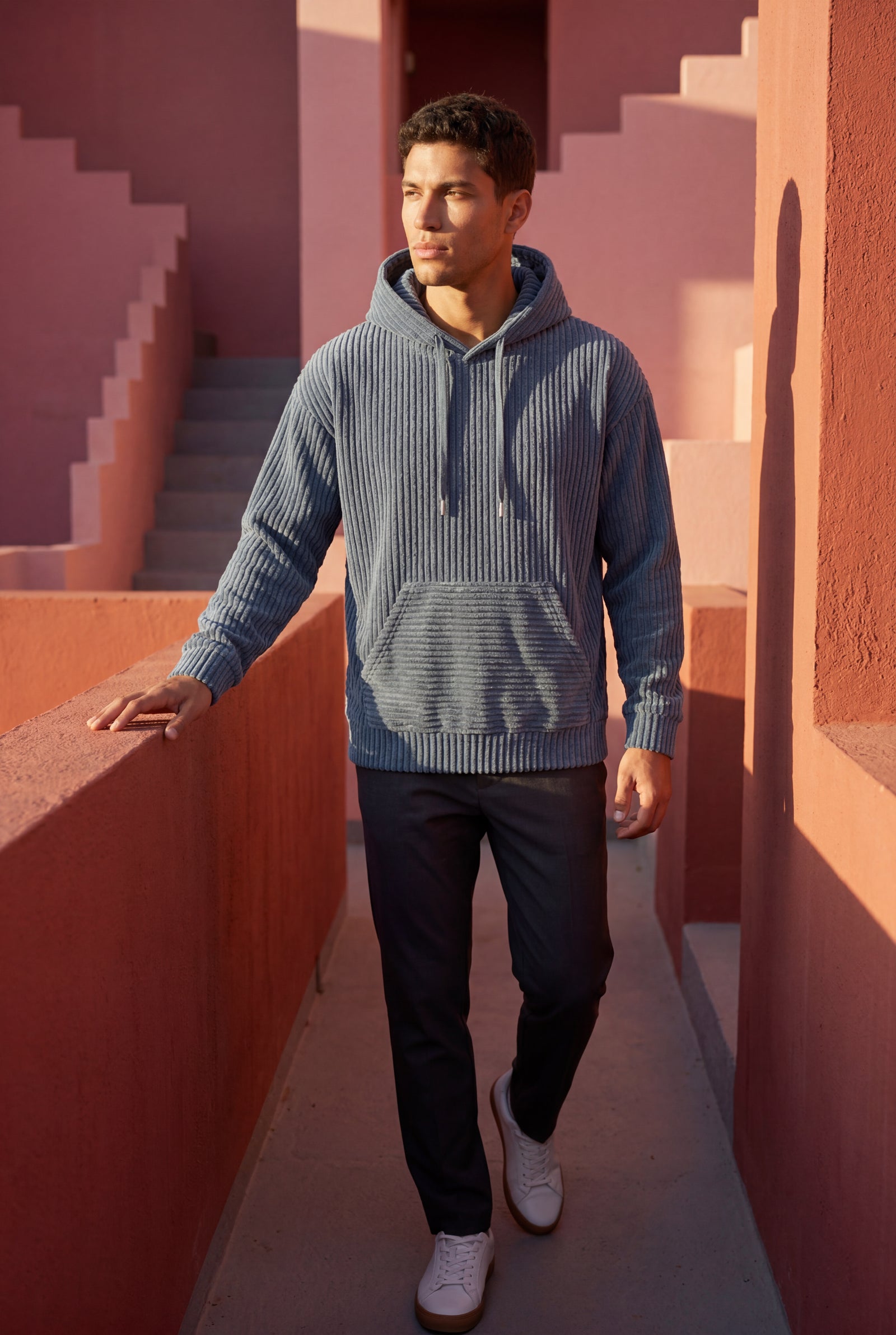 Blue Texture Hooded Pullover Jacket with Kangaroo Pocket - Hooded jackets - Photo 9