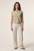 Beige Textured Button-front Gilet Vest with Crew Neckline - Photo 1