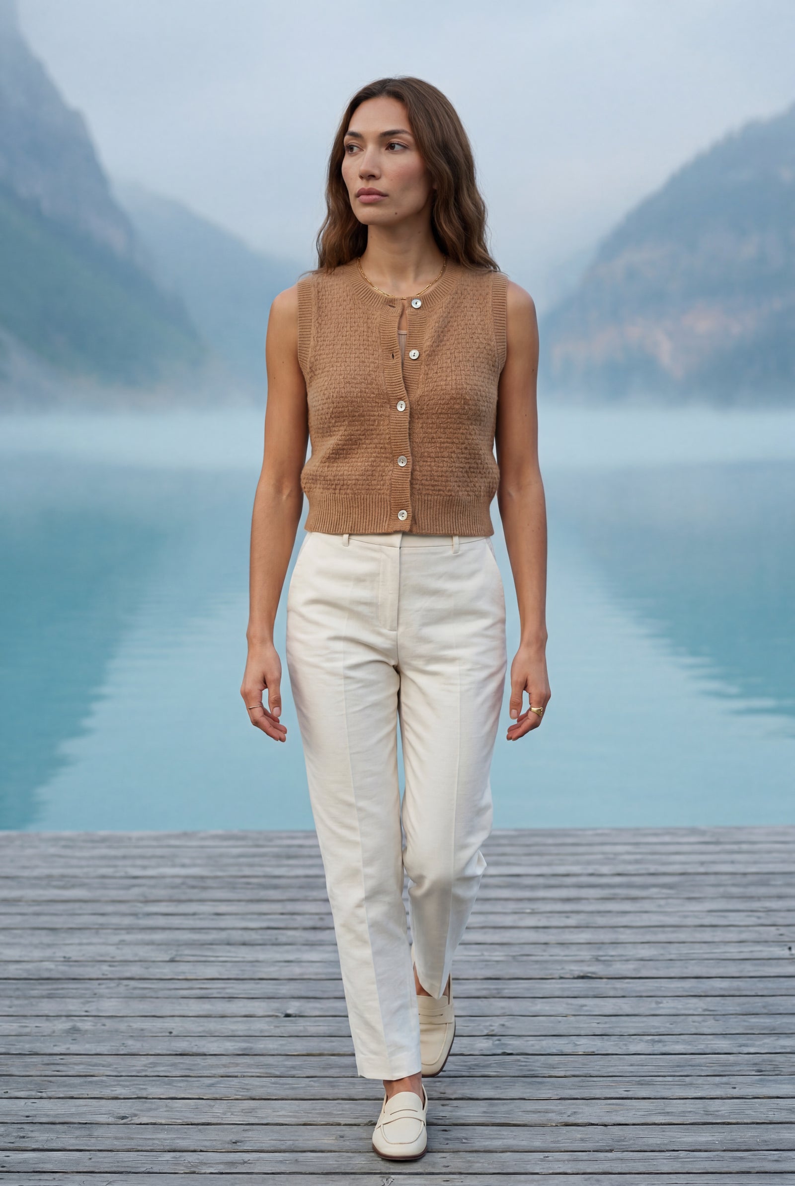 Light Brown Textured Button-front Gilet Vest with Crew Neckline - Photo 11