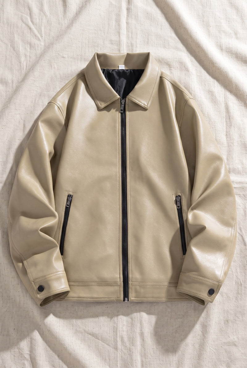 Vegan Leather Bomber Jacket in Beige — Stilenza main image