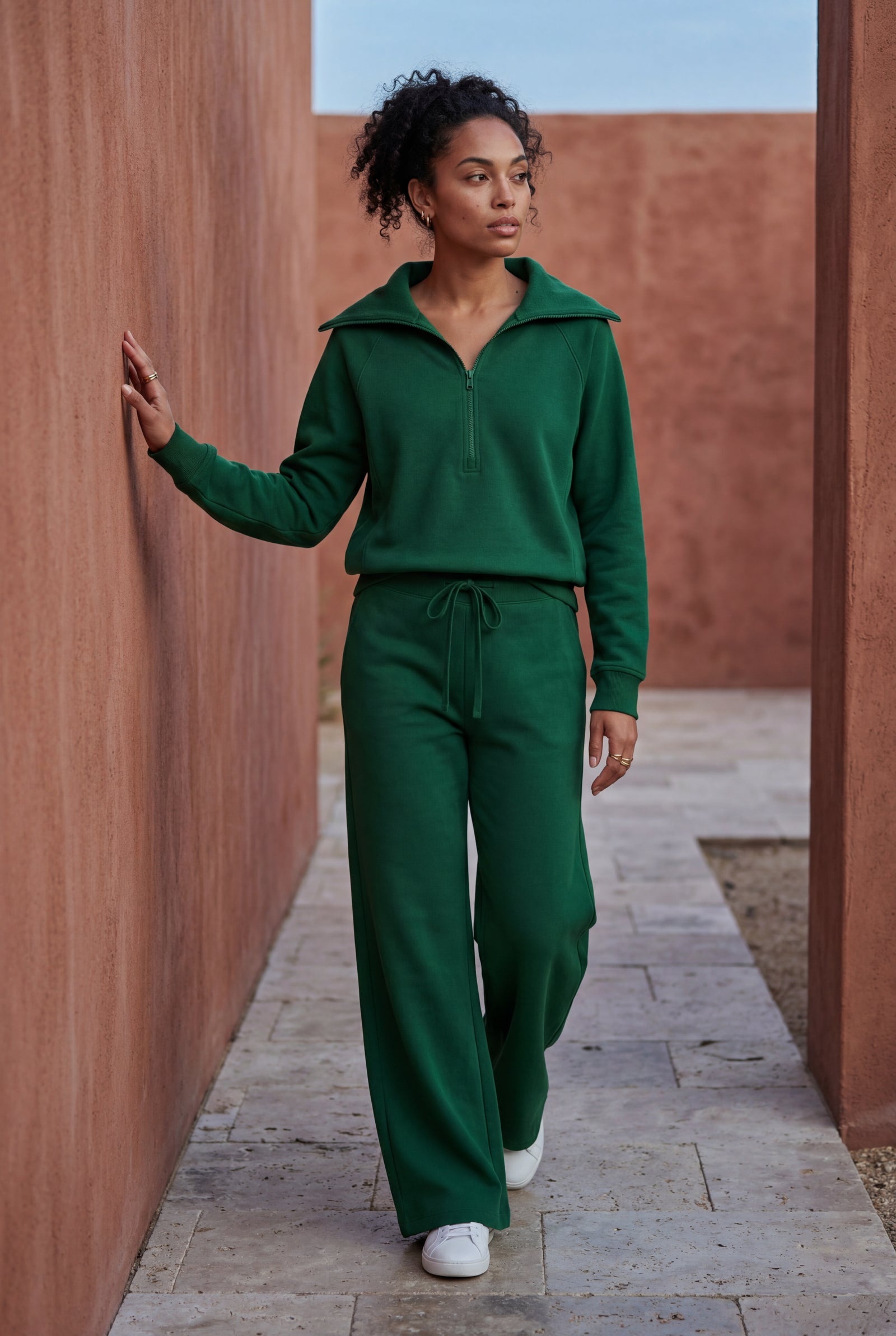 Dark Green Wide-leg Zip Collar Lounge Set with Relaxed Pullover - Two piece set - Photo 13