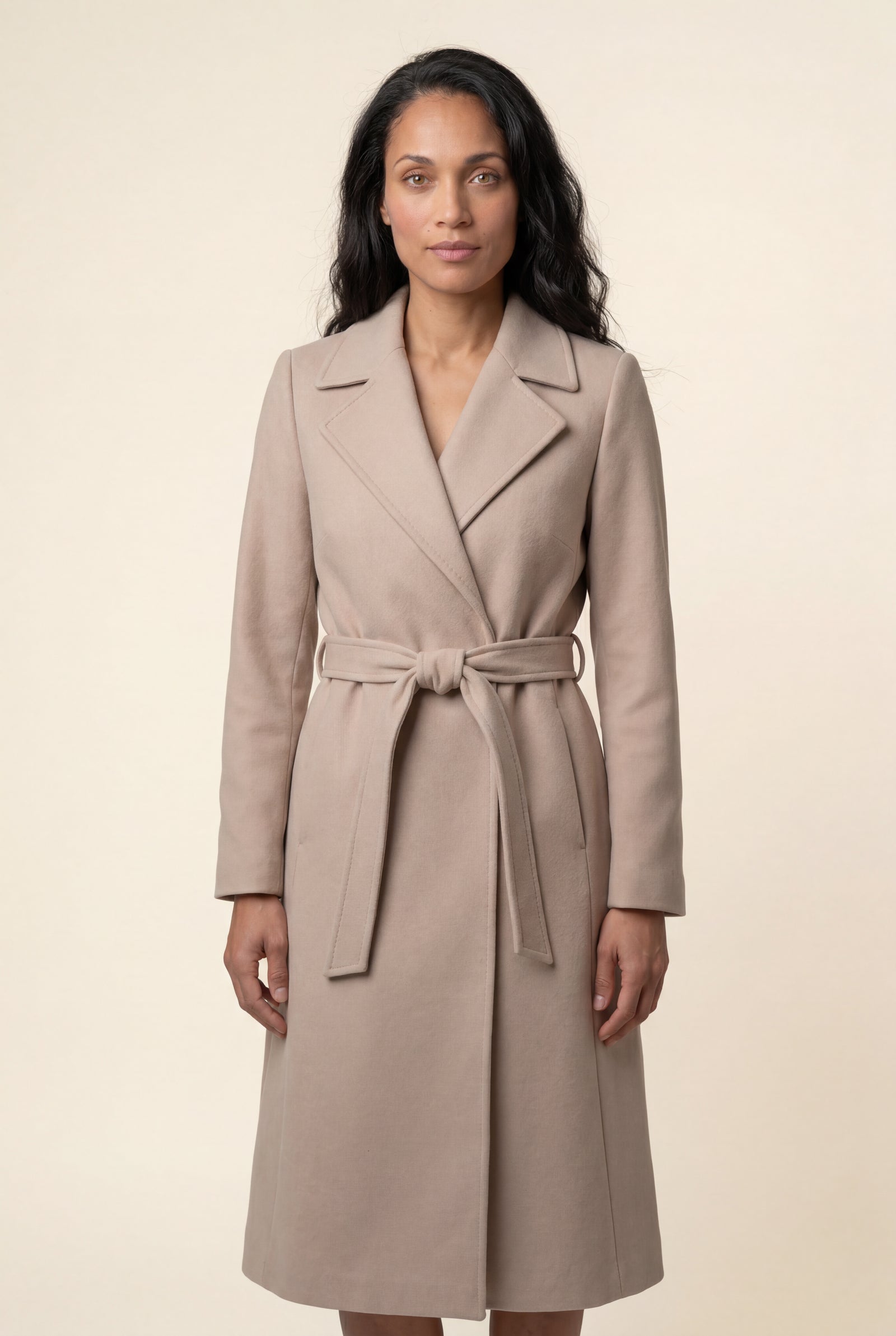 Beige Wide Notched Collar Belted Long Trench Coat - Photo 9