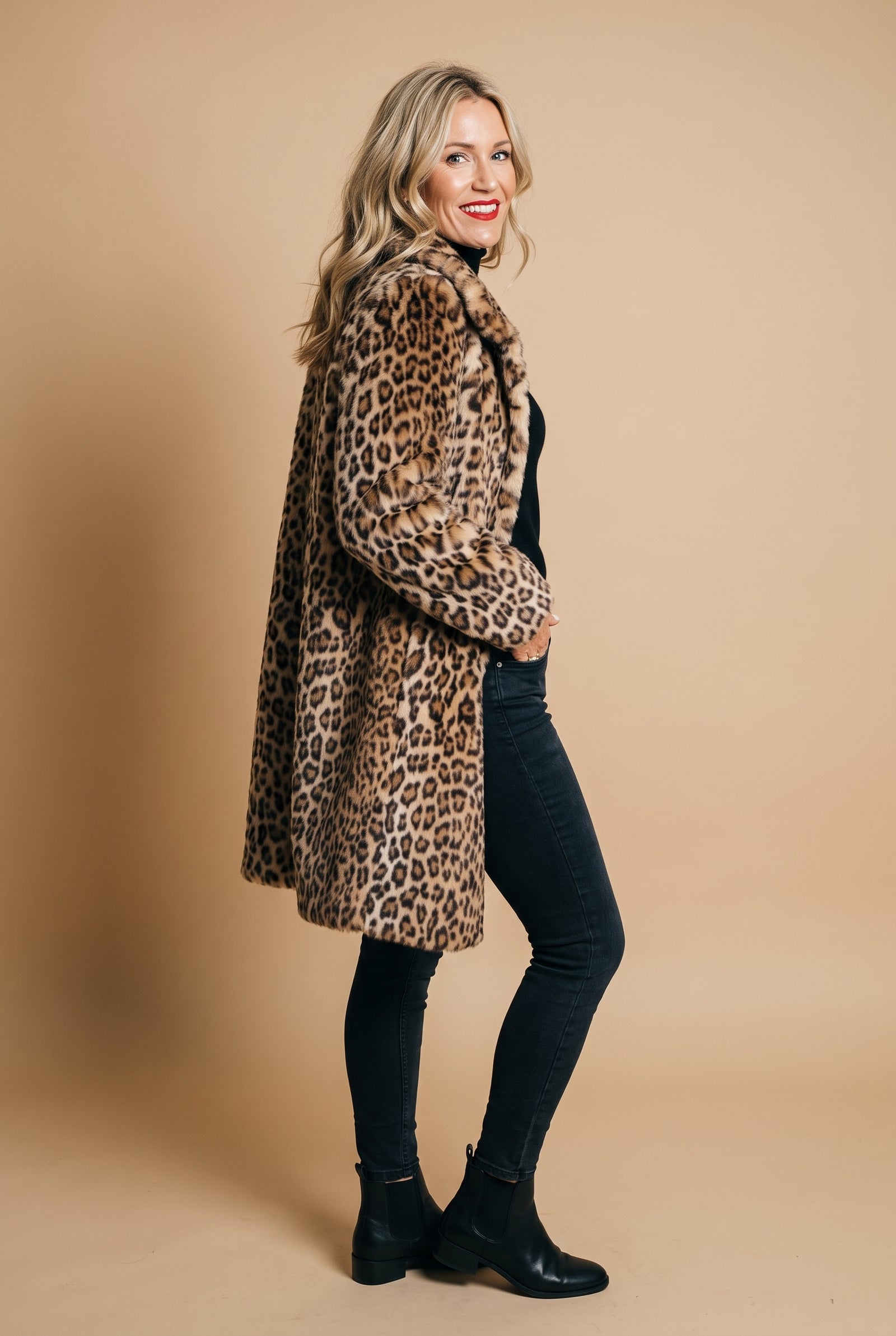 Women's Coat Leopard Print Slim Fit in Beige — primary studio