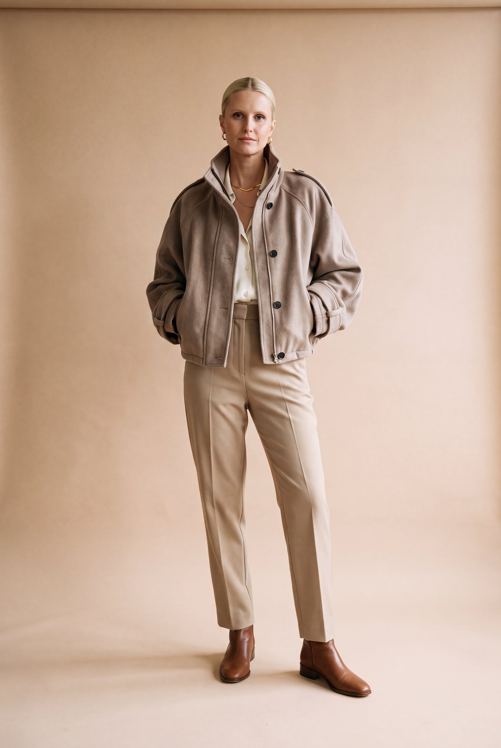 Women's Cropped Coat Stand Collar in Beige — studio primary