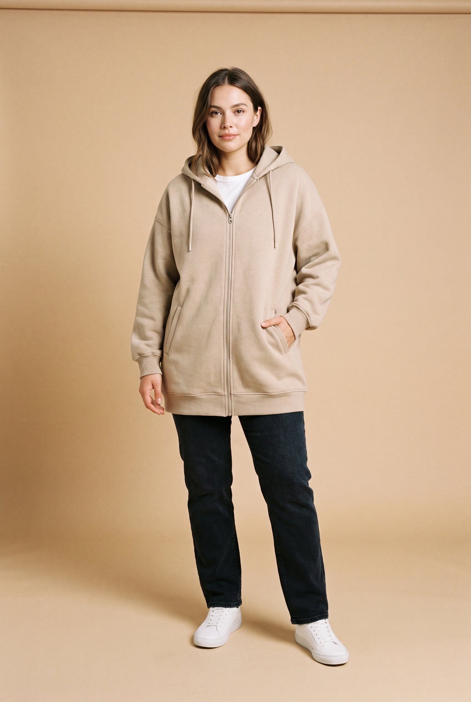 Women's Hoodie Oversized Zipper in Beige — studio front