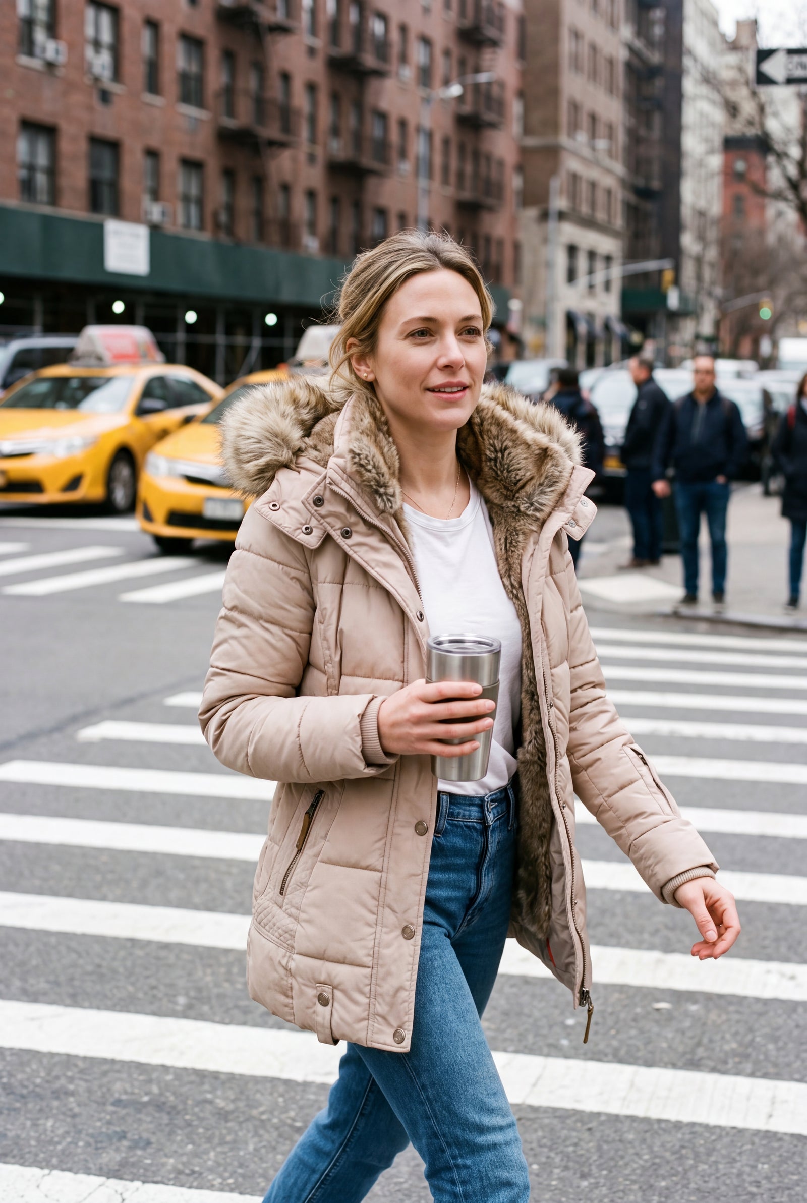 Women's Jacket Faux Fur Collar in Beige — city crosswalk