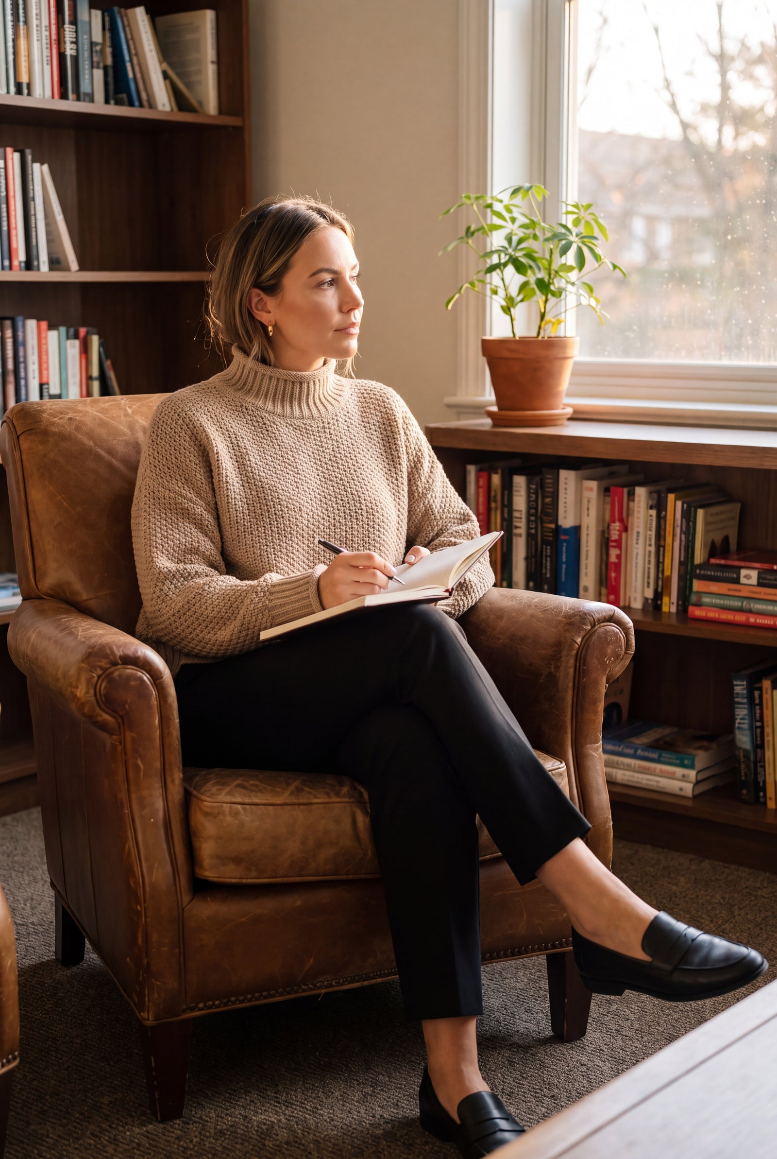 Women's Pullover High Collar in Beige — office lifestyle candid