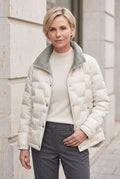 Women's Quilted Puffer Jacket with Stand Collar in Beige — lifestyle