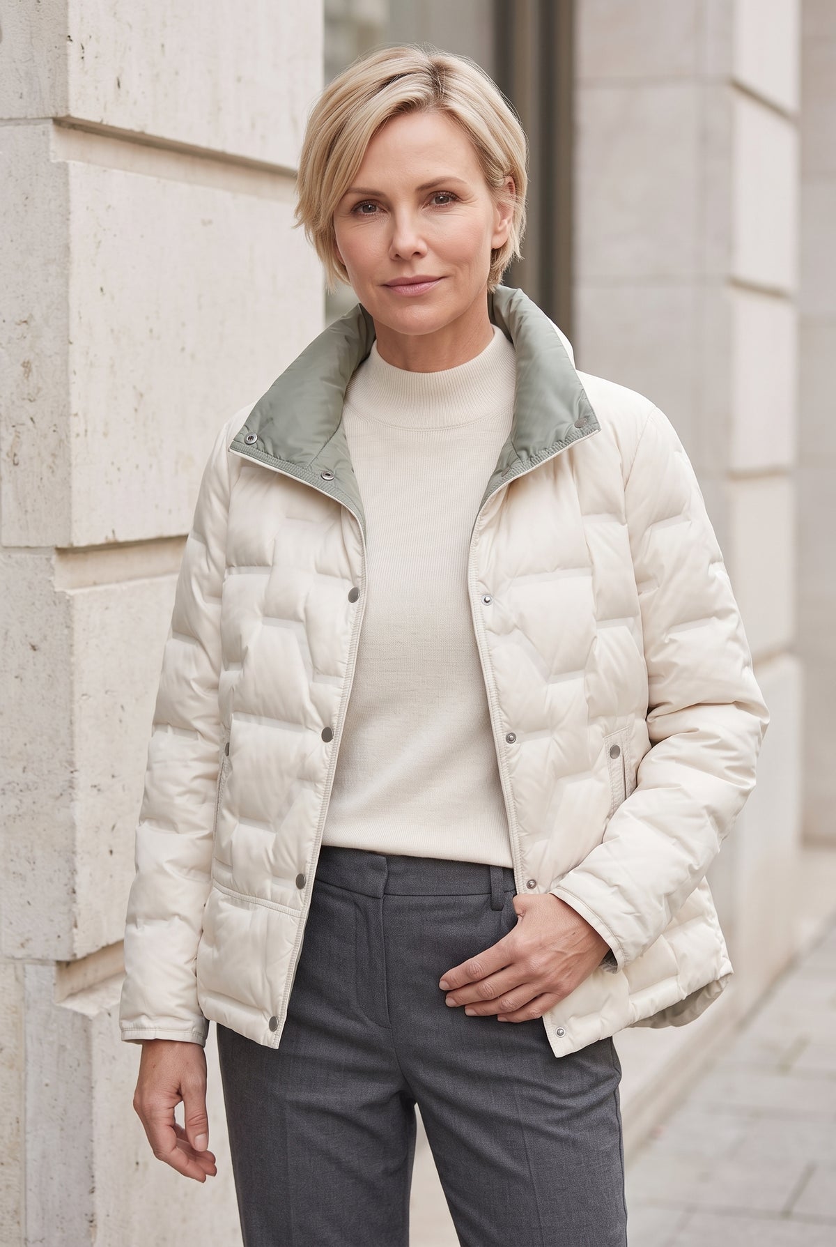 Women's Quilted Puffer Jacket with Stand Collar in Beige — lifestyle