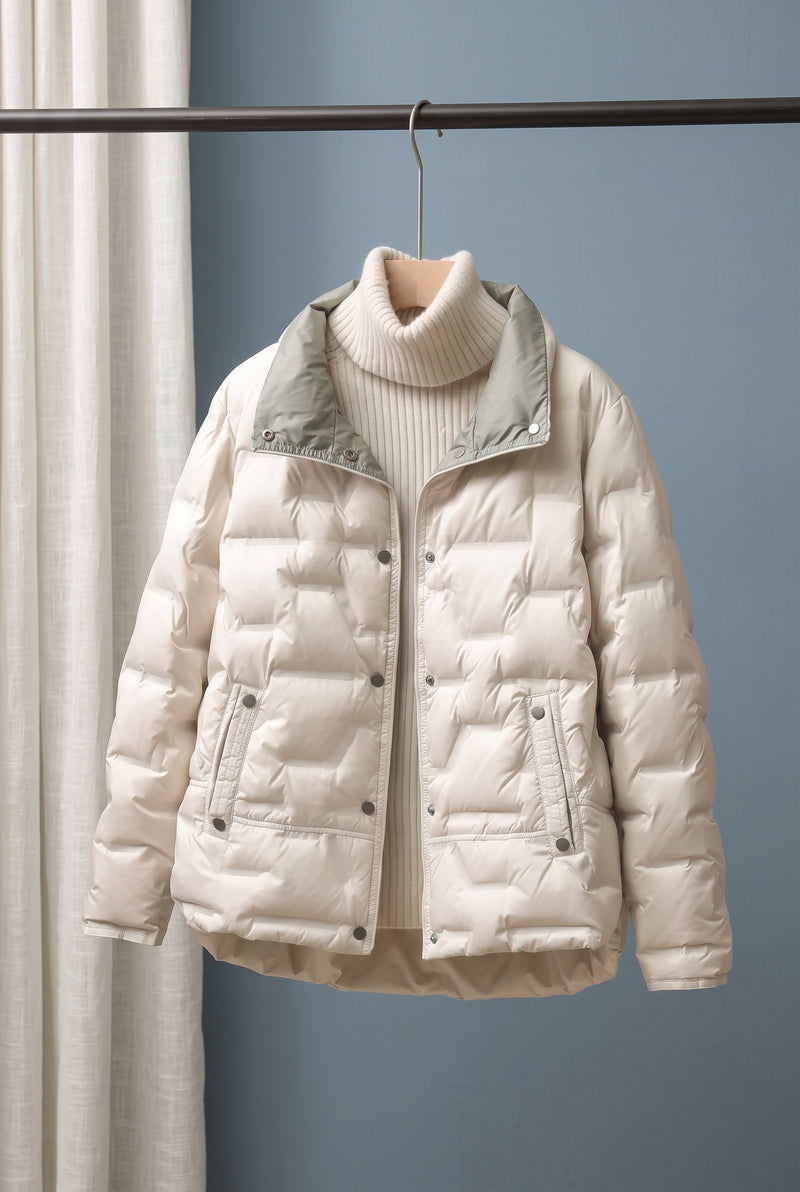 Quilted Down Jacket in Beige — studio front
