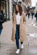 Women's Raincoat Long Elegant in Beige — city walk