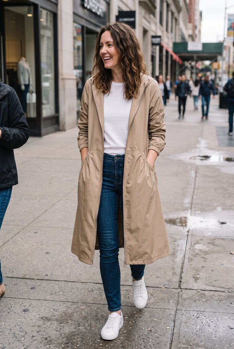 Women's Raincoat Long Elegant in Beige — city walk